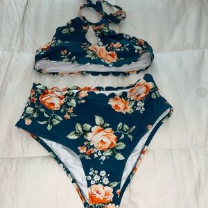 Cupshe Floral Bikini Set - Dark Green and Orange